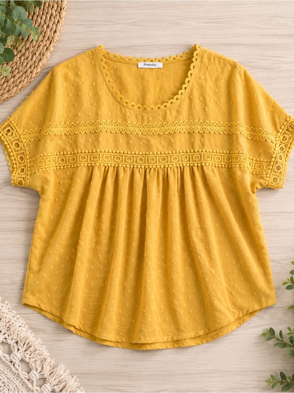 Poetsky Mustard Swiss Dot Lace Babydoll Blouse Women’s Large